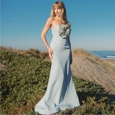 Mac Duggal 11855 Blue Strapless Crepe Trumpet Gown 3D Rhinestone Flower Sz 4 NEW