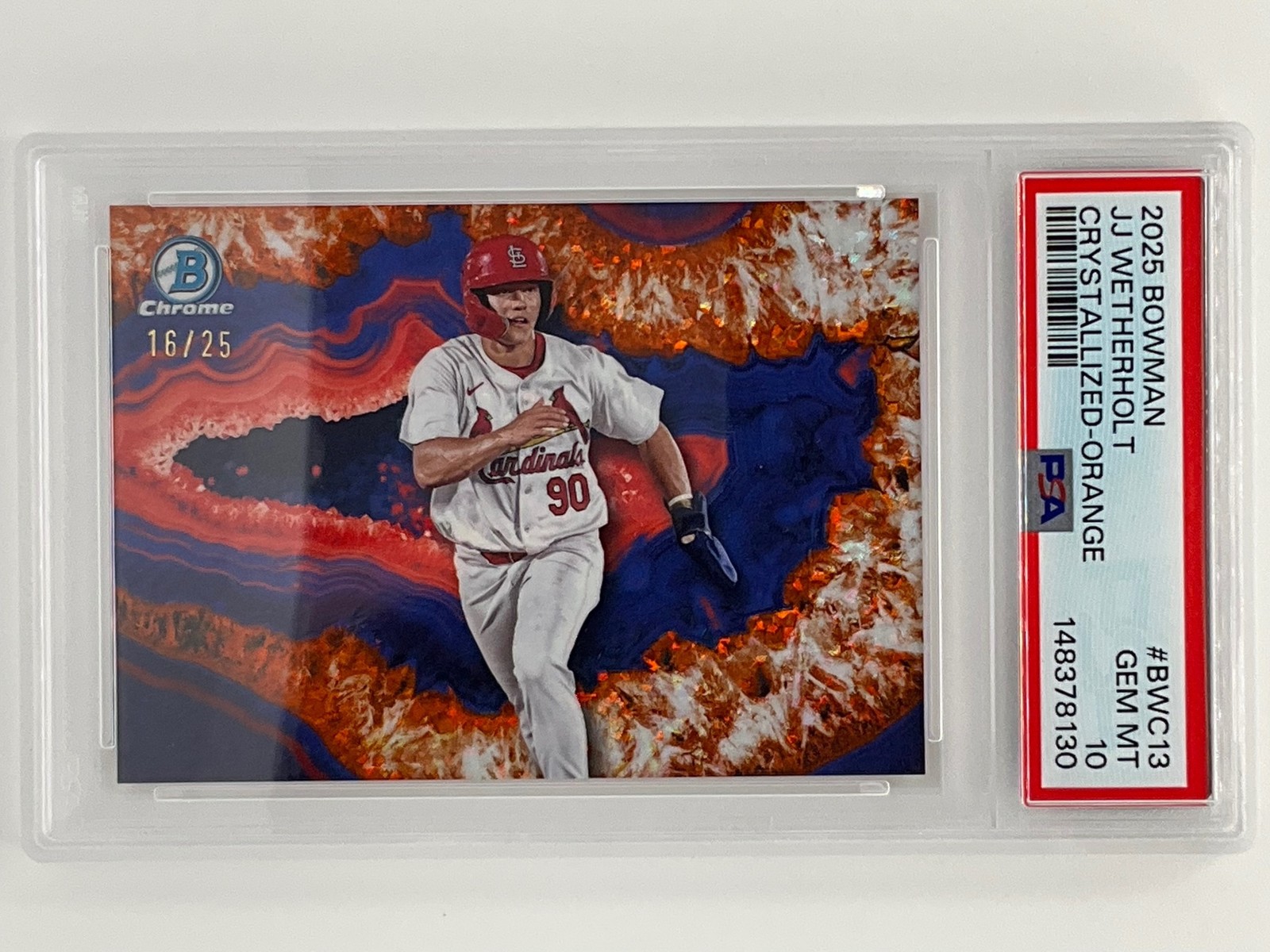 2025 Bowman JJ Wetherholt Crystalized Orange Chrome /25 Cardinals PSA 10