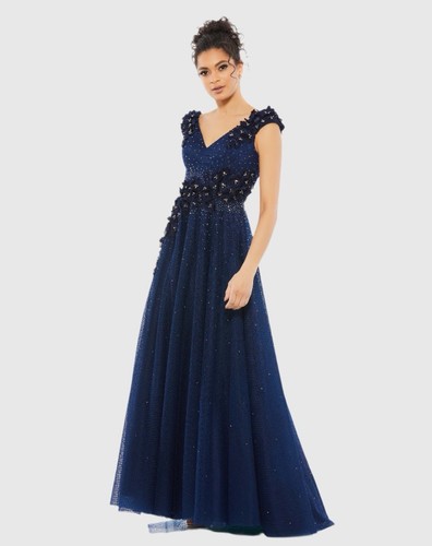 Mac Duggal 11152 3D Floral Applique A-Line Evening Gown Midnight Blue Sz 10 NEW