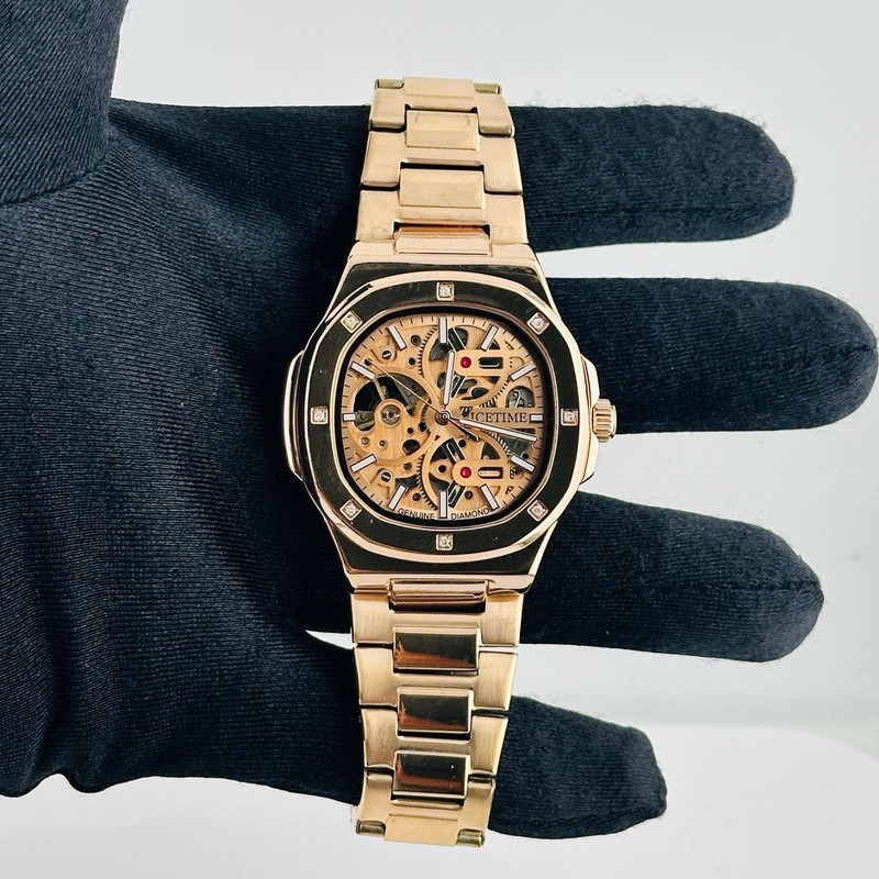 #12 IceTime 43mm Skeleton Rose Gold Steel Men's Watch 0.10ct Diamond $1 START⌚️