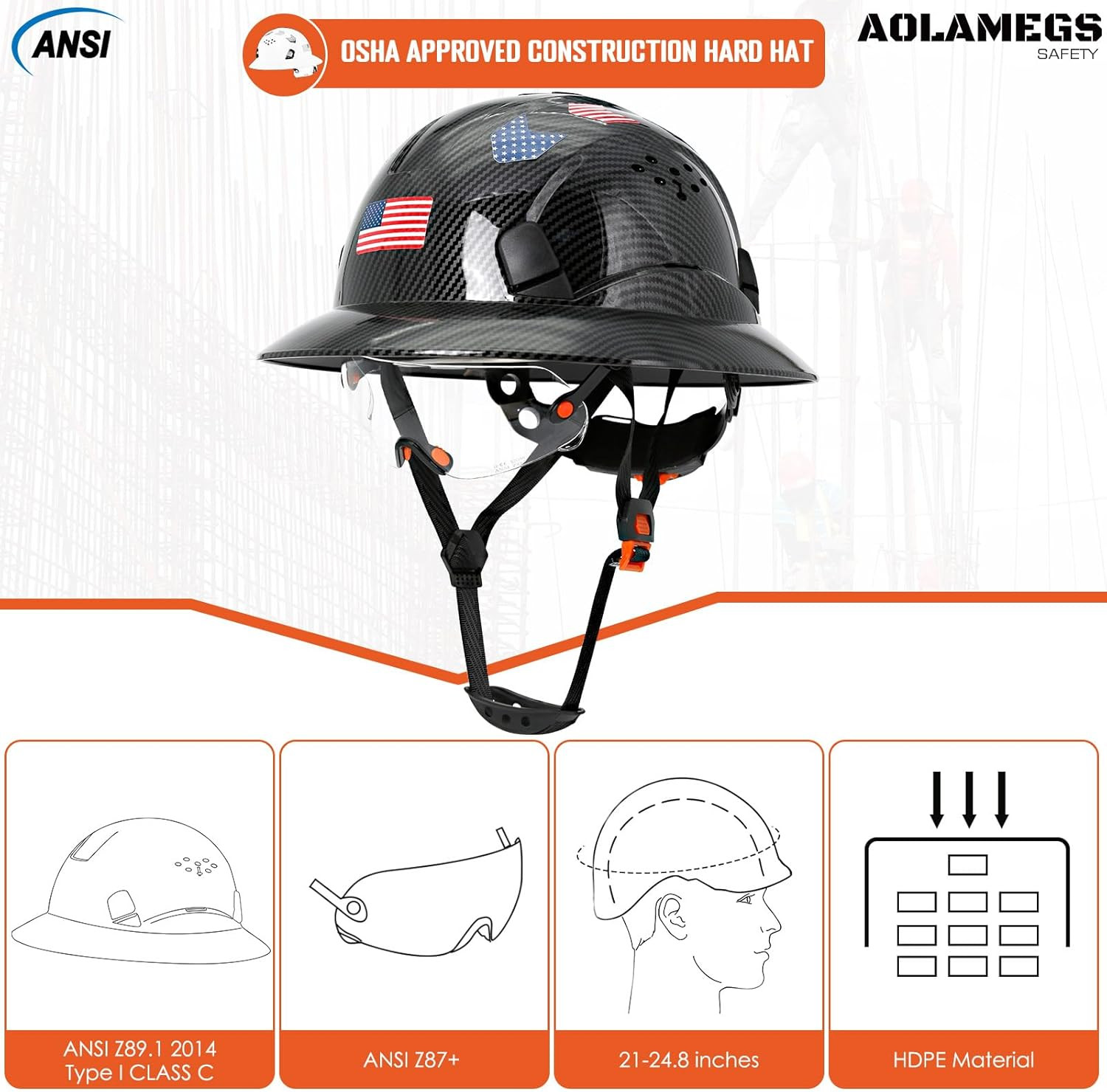 Carbon Fiber Pattern Full Brim Hard Hat with Visor-Osha Approved Construction