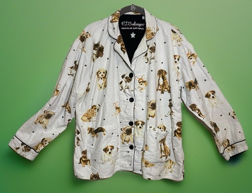 P.J. Salvage Women’s Flannel Pajama Set Sz M Puppy Print White W/Black Trim - Picture 2 of 13