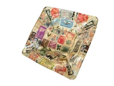 Vintage Decoupage Ashtrays MCM Int'l Postage Stamps Square Glass Felted
