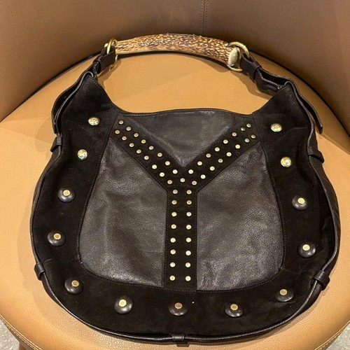 Yves Saint Laurent Mombasa Studded Leather Hobo Shoulder Bag Dark Brown Rare
