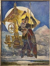 Big OIL Hand PAINTING /Ancient Warrior Knight with Child/ SIGNED Canvas 51"=1.3m