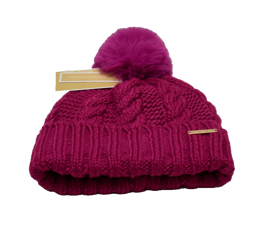NEW ~ Michael Kors Women\'s Fleece Lined Knit Cuff Beanie w Faux Fur Pom - Pink Michael Michael Kors Women`s Cable Knit Teddy Fleece Faux  main image 2