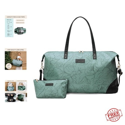 #ad Elegant Women#x27;s Weekender Bag Sage Flora 37L Travel Duffel with Leather $104.95