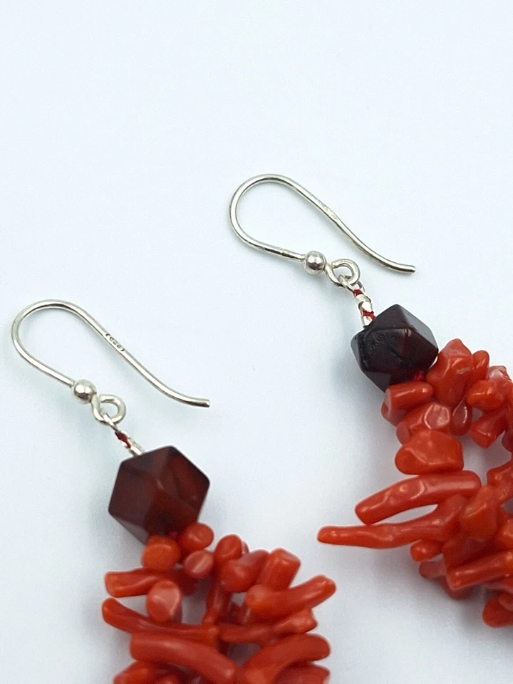 Orecchini Donna Vero Corallo Rosso Salmone Frange Pendenti Argento 925 Ambra - Immagine 2 di 4
