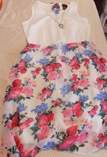 Girls Sz L 14 Dress Summer Denim w/ Floral at the Bottom w/ matching necklace
