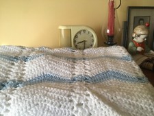 Handcrafted crochet 40  square baby blanket white with blue chevron stripes
