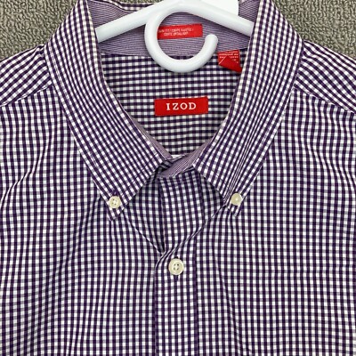 IZOD Shirt Mens XL Slim Purple White Check Button Up Long Sleeve Cotton Casual