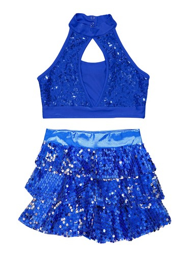Kids Girls Dance Outfits Shiny Crop Tops w/Skirt Tiered Ruffle Keyhole Back - Picture 27 of 40