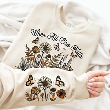 Christian Sweatshirt with Wildflowers on Sleeve, Bible Verse, Faithful Crewneck