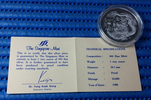 1988 Singapore Singold Lunar Dragon 1 oz 999 Fine Silver Proof Medallion - Picture 5 of 6