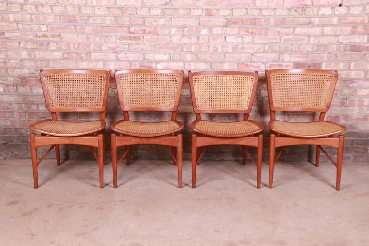 Finn Juhl for Baker Furniture Teak and Cane Dining Chairs Set of Four