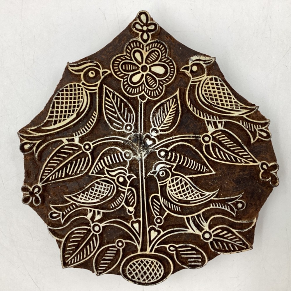 Vintage Carved Wood Textile Printing Block Stamp - Birds & Leaves (C3) NS#8630