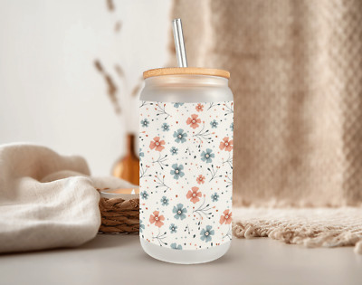 Japanese Flowers Frosted Glass Can W/ Bamboo Lid 16 Oz Glass Cup by Mugzan
