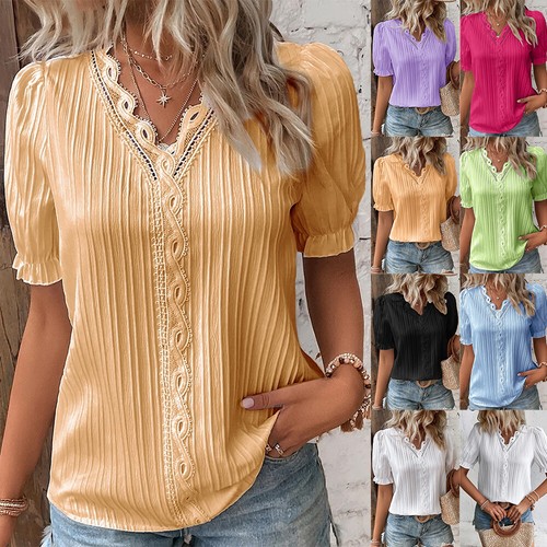 Women's V Neck Short Sleeve Hollow Floral Blouse Ladies Summer Tops Tee T Shirt
