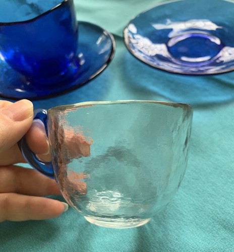 Vintage Cobalt Blue Hand Blown Set Of 2 Glass Cups/ Saucers - Picture 9 of 12