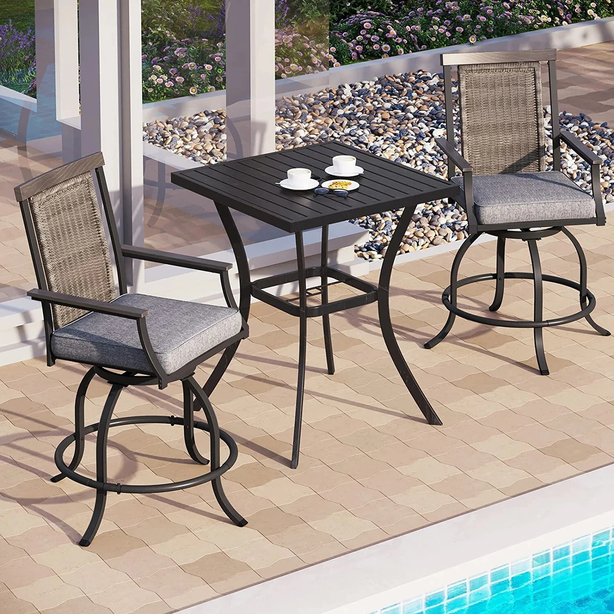 PHI VILLA Outdoor Bar Table Set Patio Swivel Barstool Rattan Bar Height Table