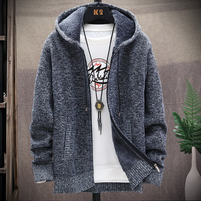 Mens Alpaca Wool Knitted Jacket Hooded Hood Sweater Casual