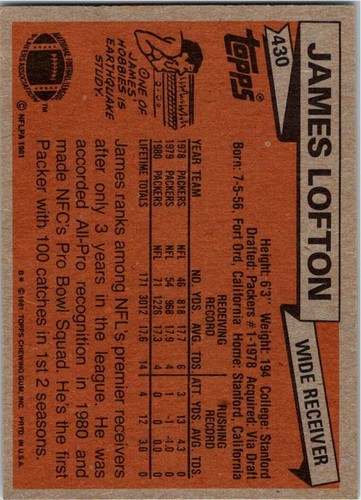 1981 Topps #430 James Lofton Green Bay Packers Hofer kostenloser Versand! - Bild 2 von 2