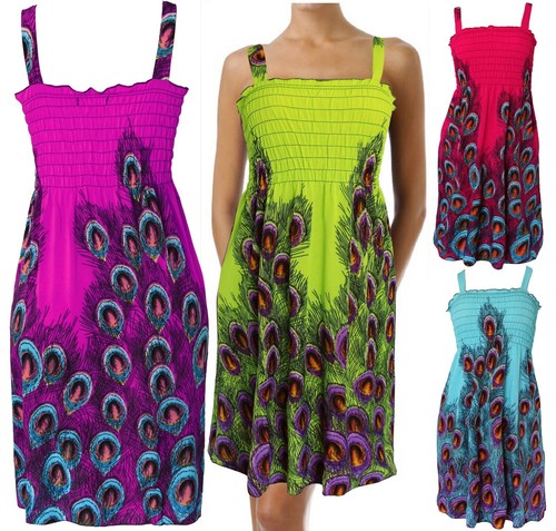 Summer Sundress for Women Peacock Beach Cover Up Sleeveless Smocked Dress - Picture 1 of 5