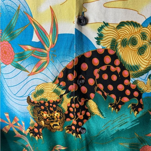 top man 100% viscose button down oriental style tiger and flame shirt size large - Picture 4 of 8