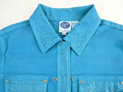 DG2 Womens Denim Jacket Med, Blue Crystal Studs Embellished NWT Diane Gilman - Picture 2 of 6
