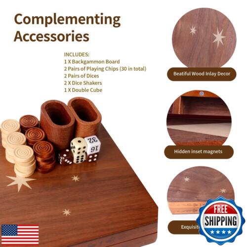 Syrace Wooden Inlaid Backgammon Set, Classic Strategy Board Game Case 15.7" L - Picture 3 of 5