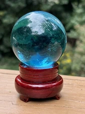 Amlong Crystal Blue Ball 2.25” With Wooden Stand & Box Healing Protective Power