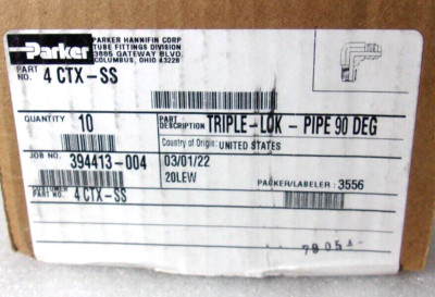 (10-Bx) Parker 4CTX-SS, Stainless Steel , Elbow 90 Hydraulic ,Triple Lok Pipe