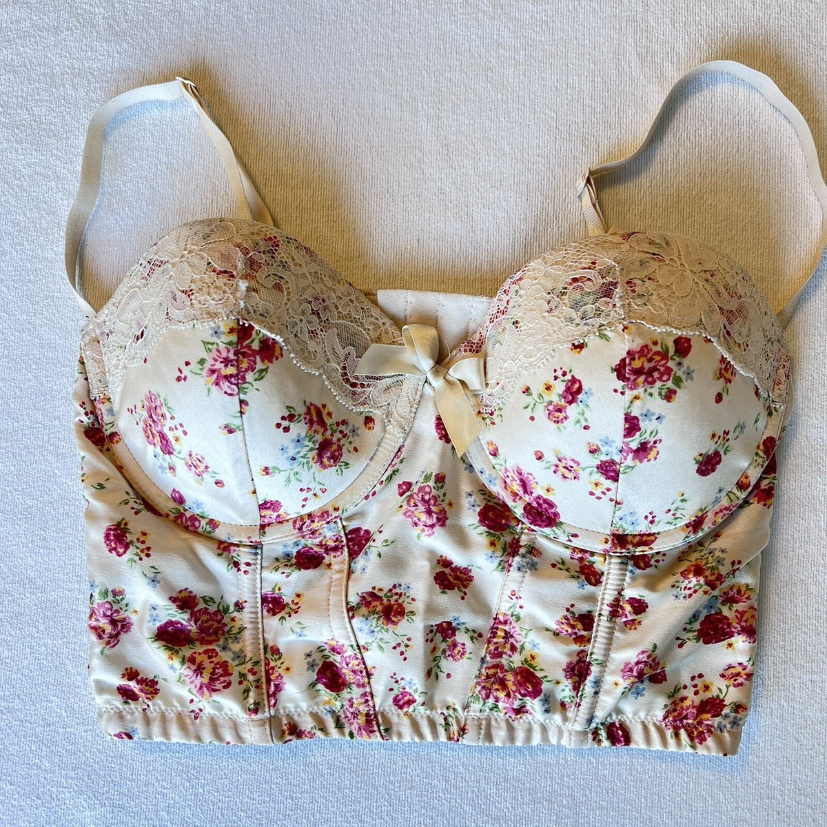 Guess Corset Bra Satin Bustier Floral Adjustable Straps Lace