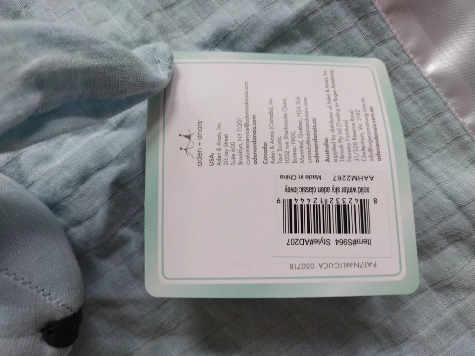 Manta de seguridad Aden + Anais Bunny Rabbit Muselina Lovey ribete satinado azul cielo nueva Foto 4 de 4