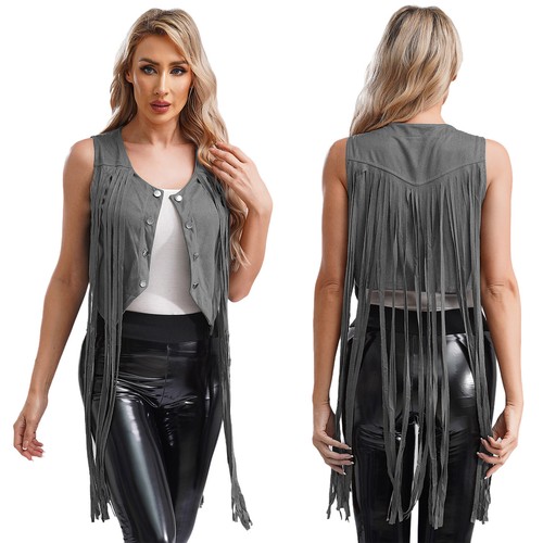 Women's 70s Fringe Vest Hippie Open Front Sleeveless Jackets Gothic Waistcoat - Picture 85 of 153
