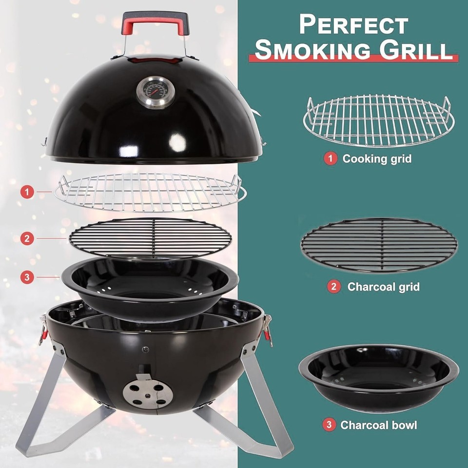 Upgrade, Vertical 16 in. Steel Charcoal Smoker, Heavy-Duty Round BBQ Grill for Outdoor Cooking