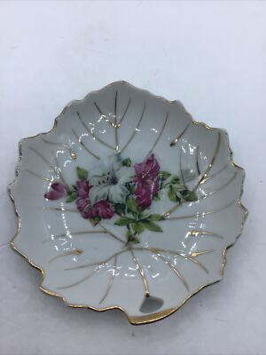 Vintage Porcelain Leaf Shape Dish Hand Painted Floral Gold Trim Japan