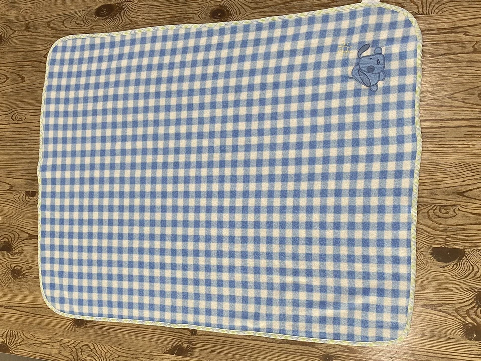 Manta de bebé vintage Carters azul blanco a cuadros polar cachorro perro y sol Foto 2 de 4