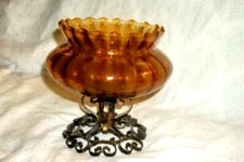 HWR AMBER GLASS SCROLLY IRON COMPOTE SPAIN HANDBLOWN MID CENTURY 1960s TOLEWARE
