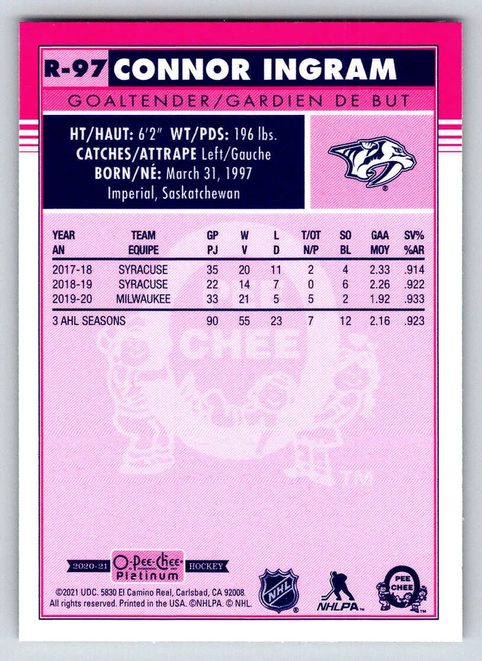 2020-21 O-Pee-Chee Platinum Retro #R97 Connor Ingram (ref 218427) - Image 2 of 2
