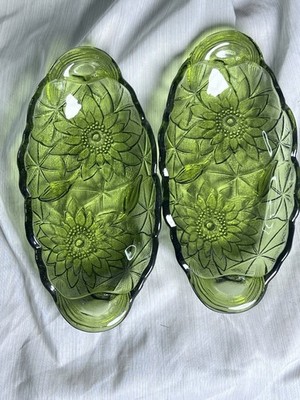 Vintage Lily Pons Green Indiana Glass Candy/Relish Dish With Marigolds Set Of 2
