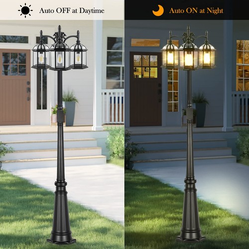 Dusk to Dawn Outdoor Lamp Post Light with GFCI Outlet, Triple Head Aluminum S... - Picture 4 of 7