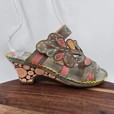 Socofy Sandals Women's 38 / 7 Gray Brown Colorful Leather Tooled Floral Artsy