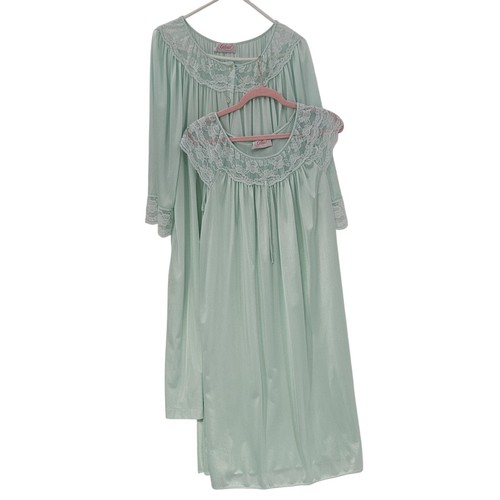 Vintage Gilead Nightgown Robe Set Womens M gown XL Robe Green Lace Nylon 80s USA - Picture 2 of 16