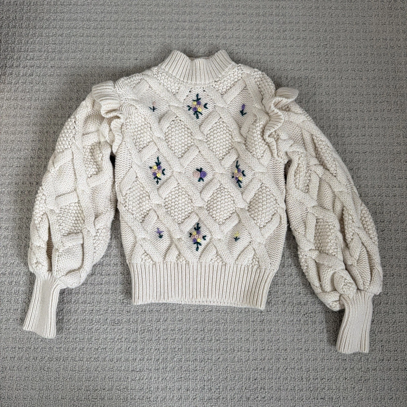Alemais Wool Cotton Sweater Floral Size 6 Ivory Cream Chunky Knit Puff Sleeve