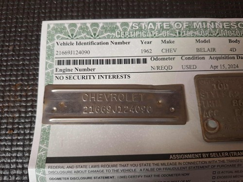 1962 Chevy Bel Air 4 Door Sedan Data Tags and Paper - Bild 2 von 4