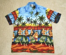 Kennington Hawaiian Shirt Mens Large Hula Girl Palm Tree Aloha Beach Camp Collar
