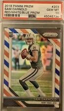 2018 Panini Prizm Sam Darnold Red/White/Blue Prizm 203, Rookie Card PSA 10. rookie card picture