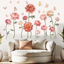 Flower Wall Stickers for Girls Room: Peel and Stick Pink Wildflower Peony Ros...