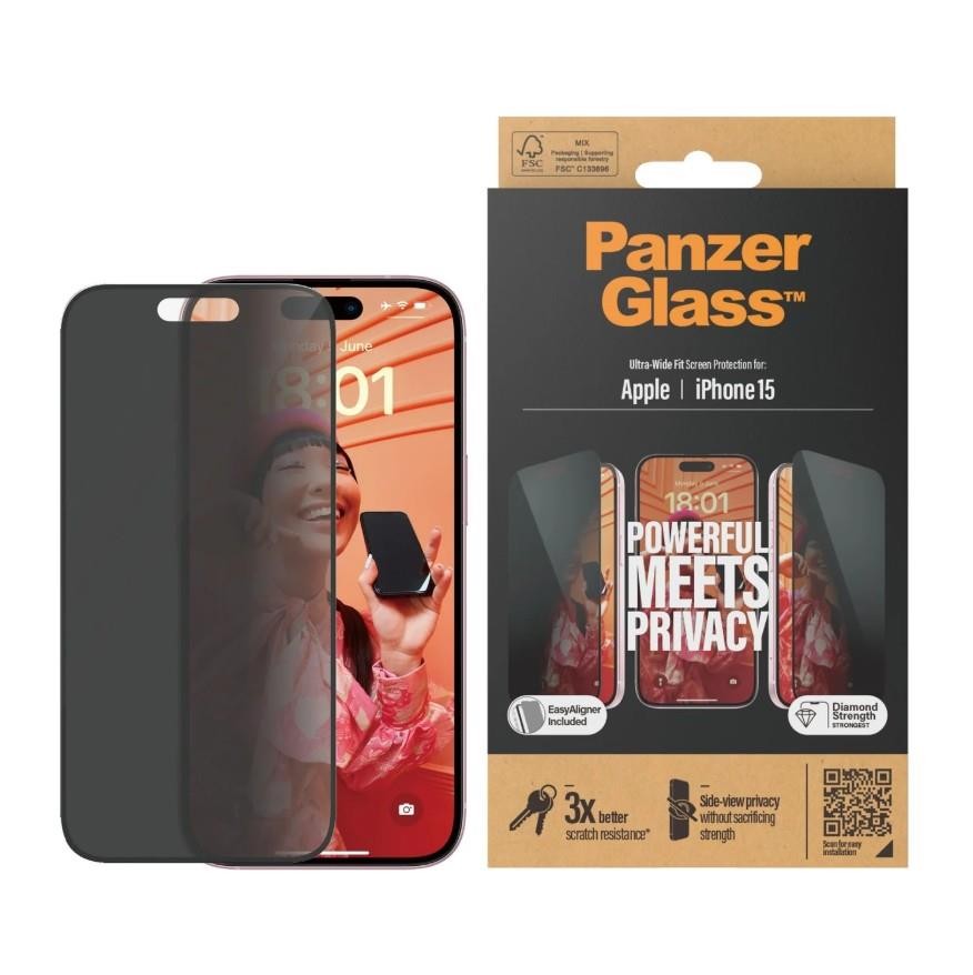 PanzerGlass Privacy Screen Protector iPhone 15 - Ultra-Wide Fit w. EasyAligner